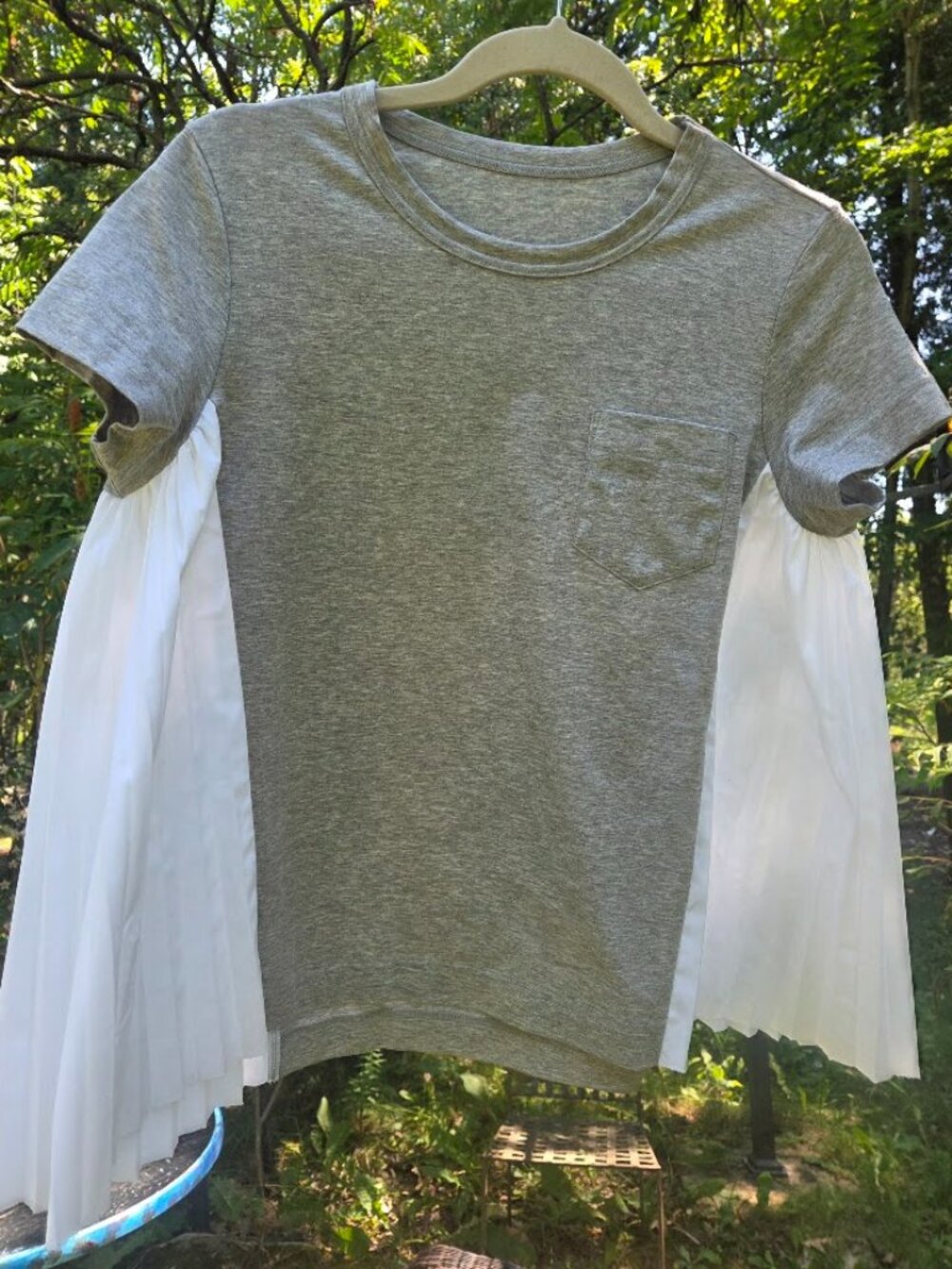 Sacai Heather Grey Pleated Panel Pocket T-Shirt White Side Contrast Top Size 2